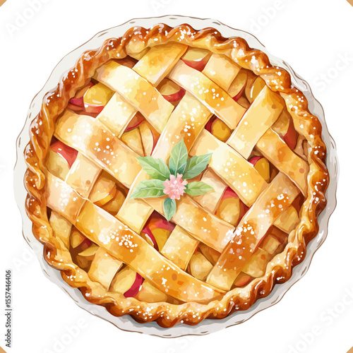 Vector illustration of apple pie top view with golden crust and flower decoration on white background. 
Vector illustration of autumn dessert on white background