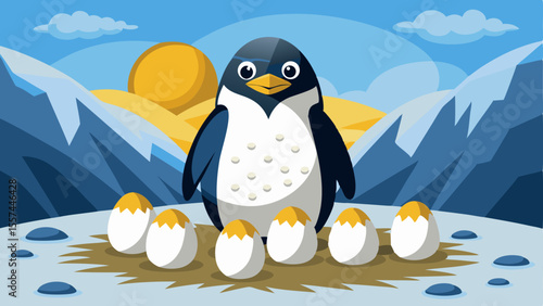 Cartoon penguin with six eggs on snowy ground surrounded by icy mountains and a bright sun