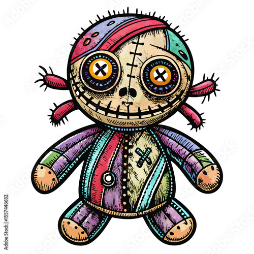 Colorful Patchwork Voodoo Doll with Button Eyes Whimsical and Artistic Design