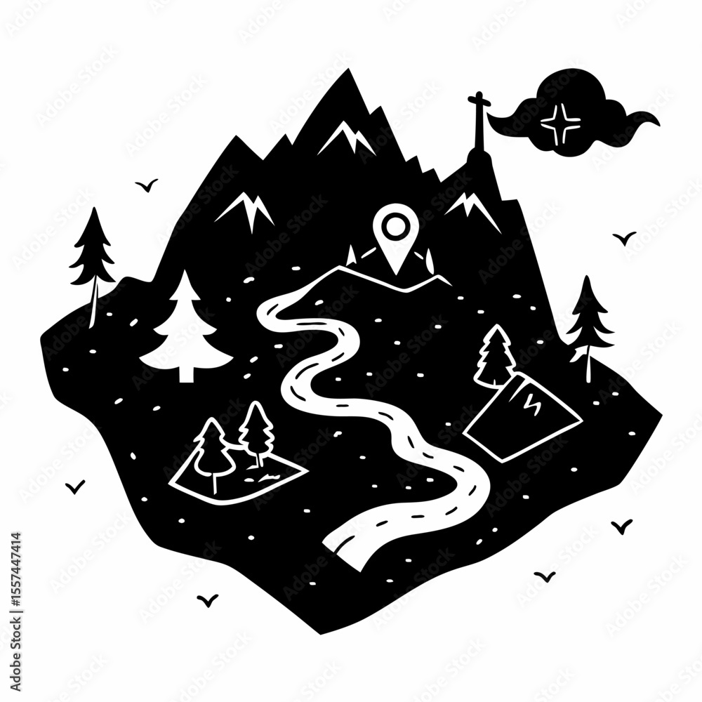 Fototapeta premium Black and White Mountain Adventure Icon with Road and Location Pin