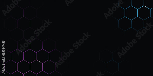 Dark hexagon abstract technology background with blue and pink colored bright flashes under hexagon. Hexagonal gaming vector abstract tech background.
