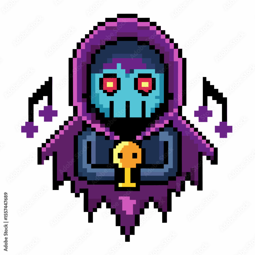 Fototapeta premium Colorful Pixel Art of Mysterious Hooded Figure with Music Notes