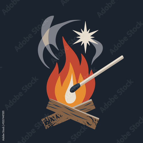 A stylized illustration depicts a campfire being lit with a match with smoke and a spark rising against a dark background evoking warmth and outdoor adventure