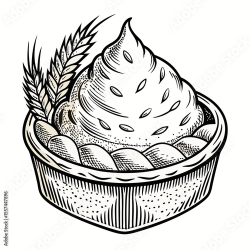 Hand Drawn Black and White Bakery Tart with Wheat and Cream Topping
