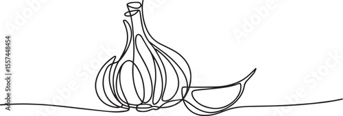 continuous single line drawing of a garlic bulb with a separated clove in black on white modern illustration
