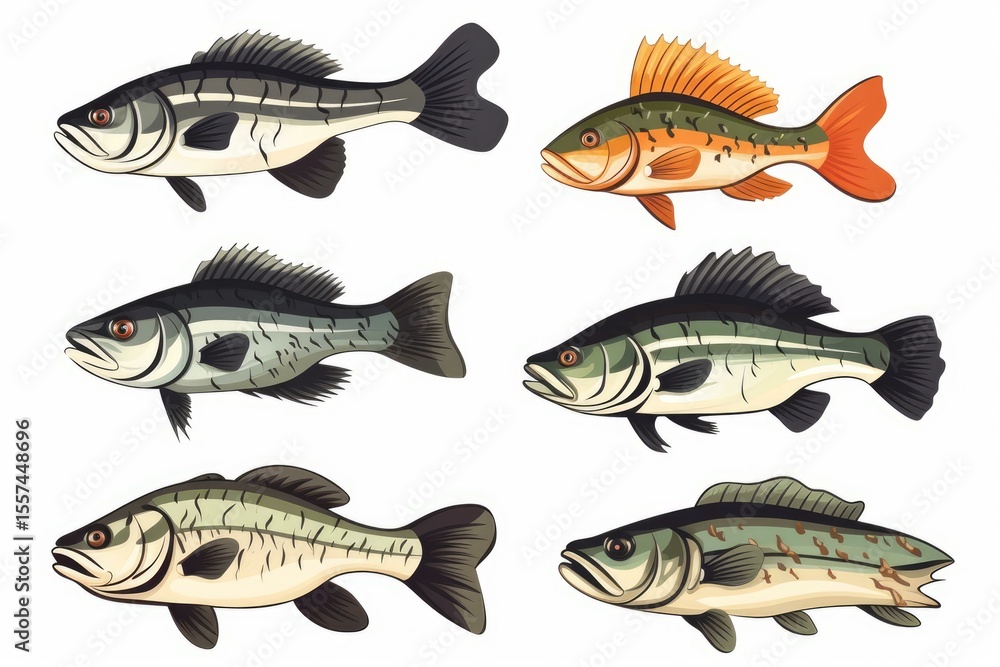 Illustration featuring six distinct fish species, showcasing their diverse colors and patterns, swimming in an underwater environment Illustration featuring six distinct fish species, showcasing their diverse colors and patterns, swimming in an underwater environment