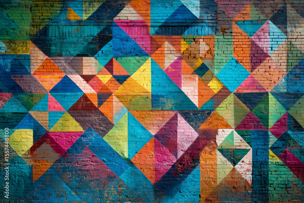 Colorful Geometric Mural on Brick Wall Colorful Geometric Mural on Brick Wall