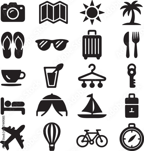 Travel Vacation Adventure Icon Set with Summer and Holiday Elements

