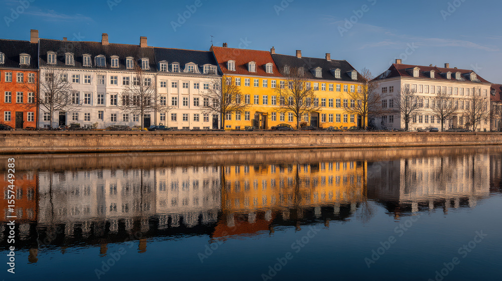 Naklejka premium serene view of copenhagens iconic architecture and canals captured in ultrabright colors