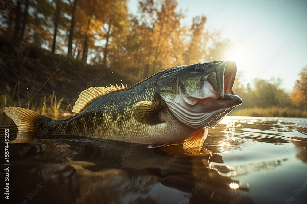 Trophy sized largemouth bass breaches the surface of a lake with open mouth, illuminated by golden sunset light during autumn Trophy sized largemouth bass breaches the surface of a lake with open mouth, illuminated by golden sunset light during autumn