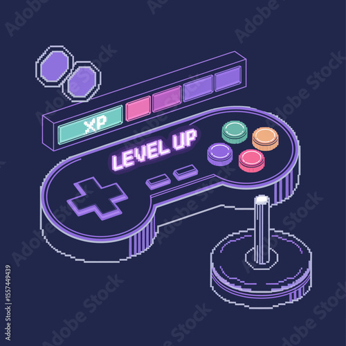 Retro video game controller with pixel art style displaying the words level up and xp bar with colorful buttons and coins on a dark background