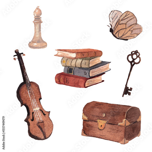 Watercolor Vintage Hobbies Collection – Violin, Books, Butterfly, Key, Chest, Chess – Old World Pastimes Illustration. Isolated hand drawn elements. Soft brown painting. Realistic cozy vibe. 