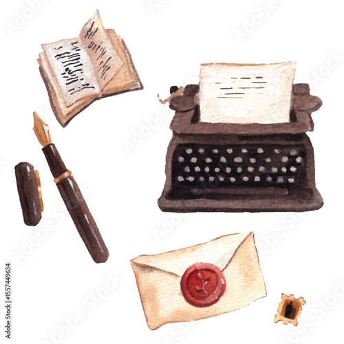 Watercolor Vintage Writing Set – Typewriter, Book, Fountain Pen, Sealed Letter, Stamp – Retro Literature Illustration. Isolated hand drawn elements. Soft brown painting. Realistic cozy vibe. 