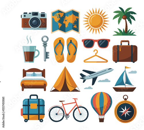 Travel Vacation Adventure Icon Set with Summer and Holiday Elements

