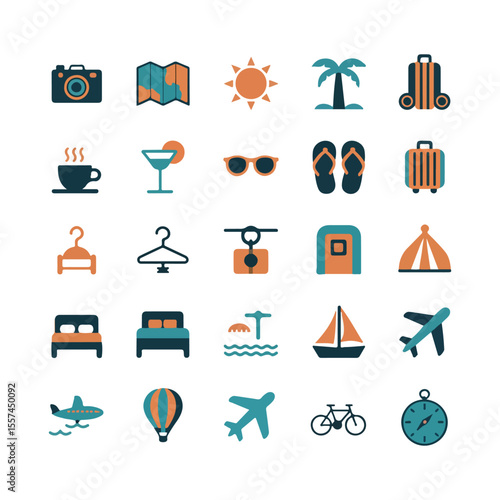 Travel Vacation Adventure Icon Set with Summer and Holiday Elements

