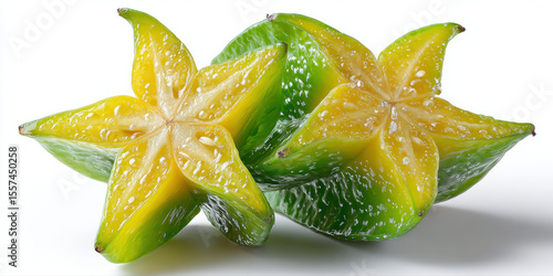 3D Fruit, Sliced starfruit in cross-section on a white background.