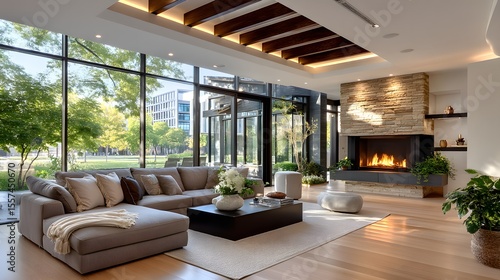 Natural light fills stylish modern lounge space high resolution image