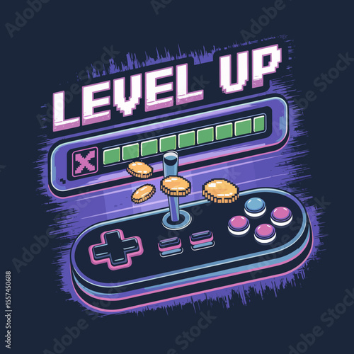 Retro gaming controller with level up bar and pixelated coins representing achievement and progress in video games with a vibrant neon aesthetic