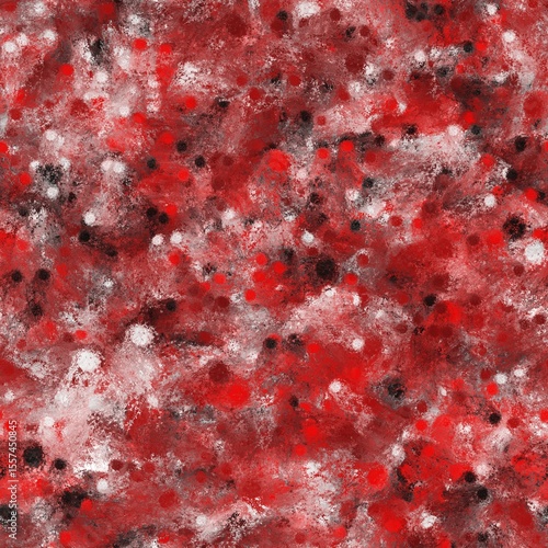Ruby red, pale carmine, graphite black and white chaotic brush strokes. Small circles and abstract shapes. Seamless hand drawn pattern.