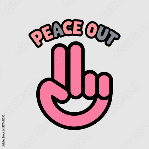Peace out hand gesture with pink fingers and bold black outline text saying peace out on a light gray background