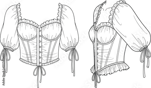 Corset style puff sleeve top flat sketch, front side technical drawing, detailed fashion cad vector illustration, stylish blouse design