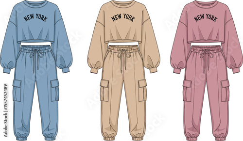 Fashion cad drawing of three cargo sweatpant sets with cropped sweatshirt, front view, vector template, flat sketch, casual loungewear