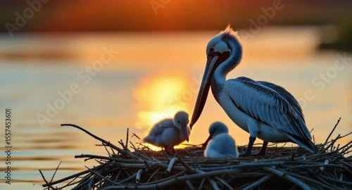 Beautiful high-resolution video of Brown Pelican and baby chicks resting peacefully together in natural nest

