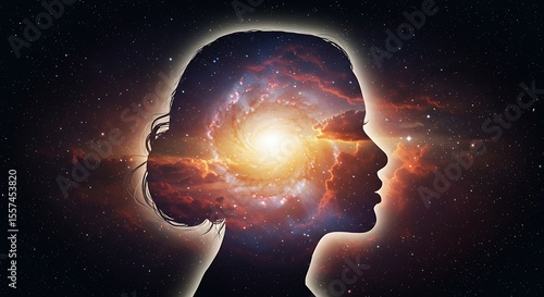 This evocative artwork showcases the interconnectedness of consciousness and the cosmos, with a detailed galaxy residing within the silhouette of a thoughtful human mind.