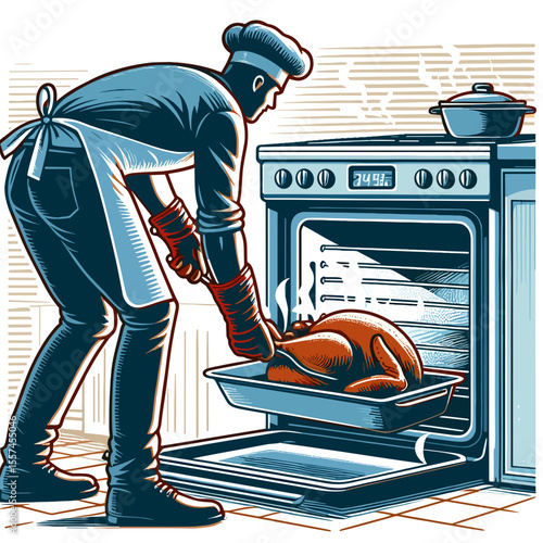 Chef placing roasted turkey into oven in retro style kitchen