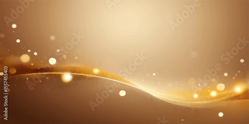 Abstract golden background with glowing magic stars and bright light waves