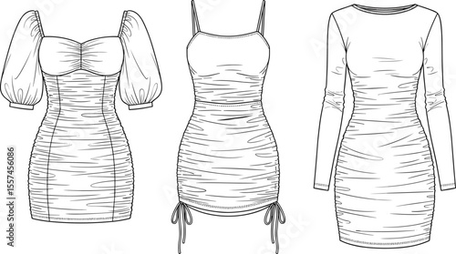 Ruched bodycon dress flat sketch, mini dress cad drawing, fashion design template, technical vector, long sleeve, puff sleeve, straps