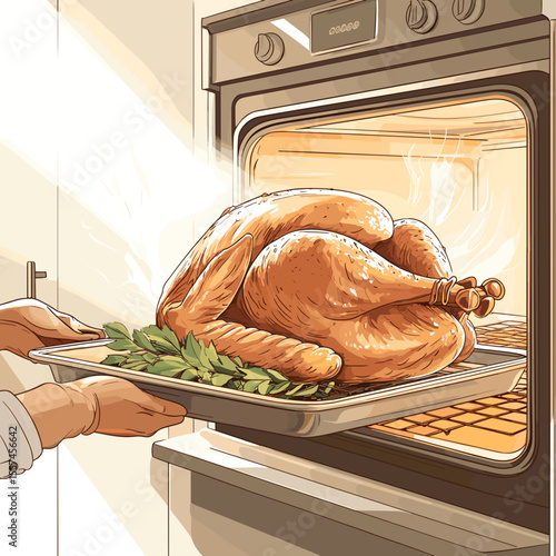 Person placing seasoned turkey in oven on metal baking tray