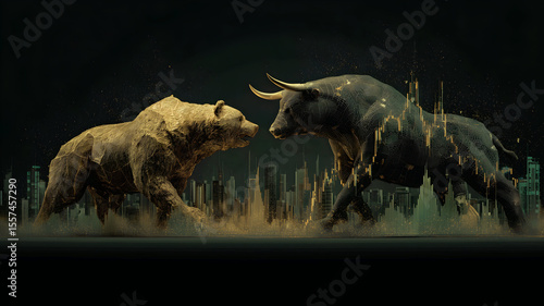 Bull vs. bear market: Bullish and bearish trends illustrated by a bull and bear facing off. Modern abstract concept for Wall Street business, finance, trading, cryptocurrency and bull market trader. 