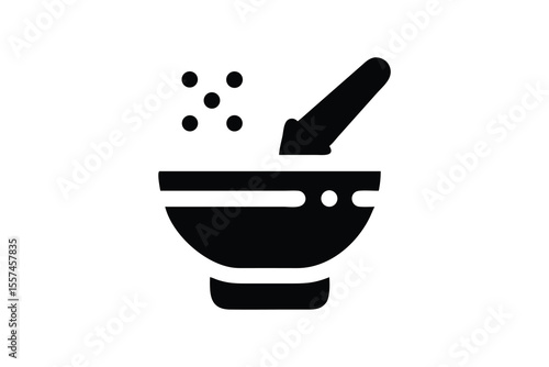 Black silhouette shows pestle and mortar grinding some spices on transparent backdrop