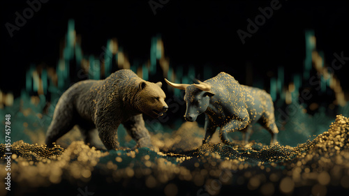 Bull vs. bear market: Bullish and bearish trends illustrated by a bull and bear facing off. Modern abstract concept for Wall Street business, finance, trading, cryptocurrency and bull market trader. 