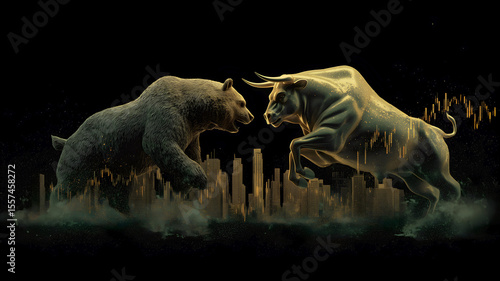 Bull vs. bear market: Bullish and bearish trends illustrated by a bull and bear facing off. Modern abstract concept for Wall Street business, finance, trading, cryptocurrency and bull market trader. 