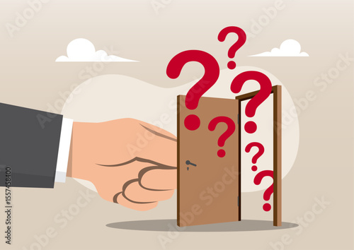 A large hand opening a door from which multiple large red question marks flowing out