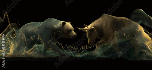 Bull vs. bear market: Bullish and bearish trends illustrated by a bull and bear facing off. Modern abstract concept for Wall Street business, finance, trading, cryptocurrency and bull market trader. 