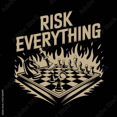 Chess game with a knight and fallen king on a burning chessboard with the text risk everything above symbolizing bold strategy and high stakes