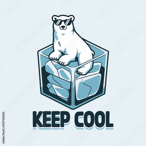 A cartoon polar bear wearing sunglasses sits in a clear ice cube filled with ice cubes with the words keep cool below