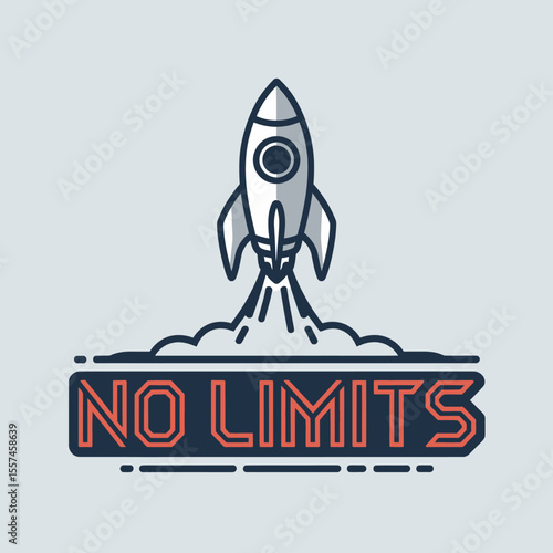 A stylized white rocket ship blasts off with fiery exhaust leaving a trail of smoke and the bold text no limits below symbolizing ambition and boundless potential