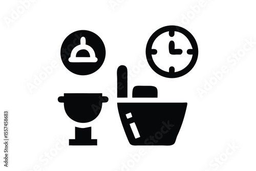 This minimalistic solid icon showcases enema bulb, bathtub, and a clock symbol, set against a transparent background