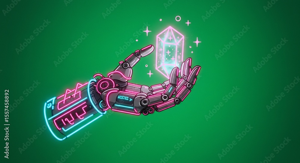Naklejka premium Robotic Hand Holding Glowing Crystal Neon Art