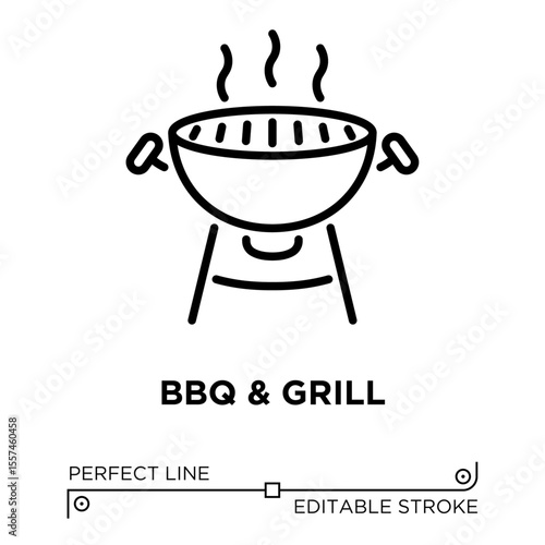 The line icon vector illustrates barbecue and grill. The line icon is isolated on a transparent background and can be edited as needed