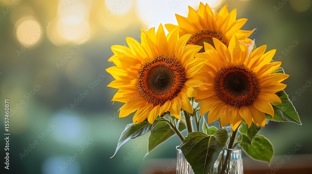Fototapeta premium A few sunflowers are placed in a vase, their petals full and vibrant