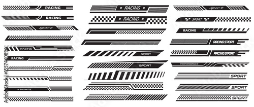 racing stripe vector set, race car vector, checkered flag designs, racing stripe speed, decal patterns, dynamic lines, competition, automotive graphics, black and white finish line motorsport.
