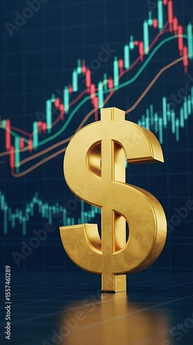 Golden dollar sign over a financial chart background showing fluctuating stock market trends and trading data. Highlighting finance concept, business growth and investment.