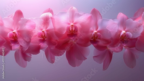 Delicate pink orchids arranged in a row with soft lighting and a gentle reflection below.