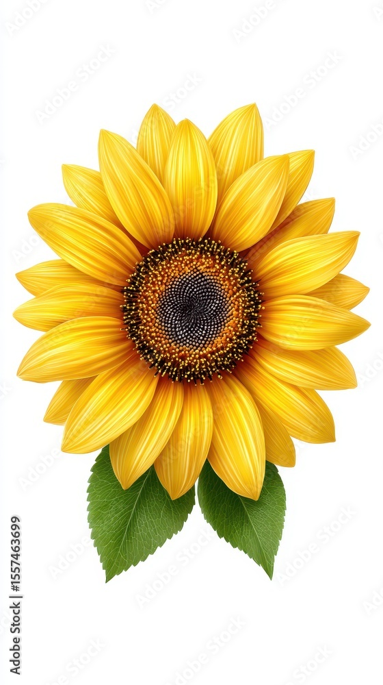 Naklejka premium Vibrant Yellow Sunflower with Green Leaves on White Background