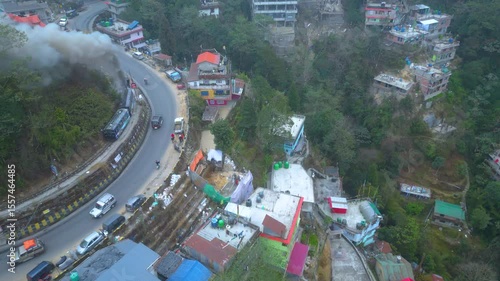 Aerial view of Batasia Loop Toy Train Darjeeling and Beautiful Weather, West Bengal, India.